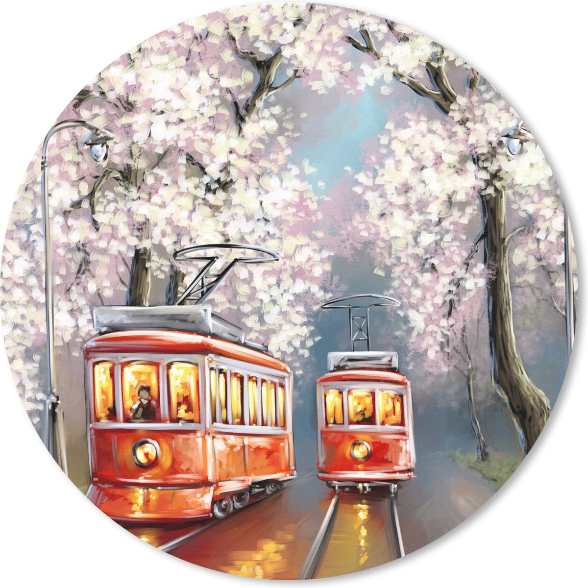 Muismat rond 20x20 cm - Mousepad Schilderij - Olieverf - Tram - Bloesemboom - Ronde muismatten