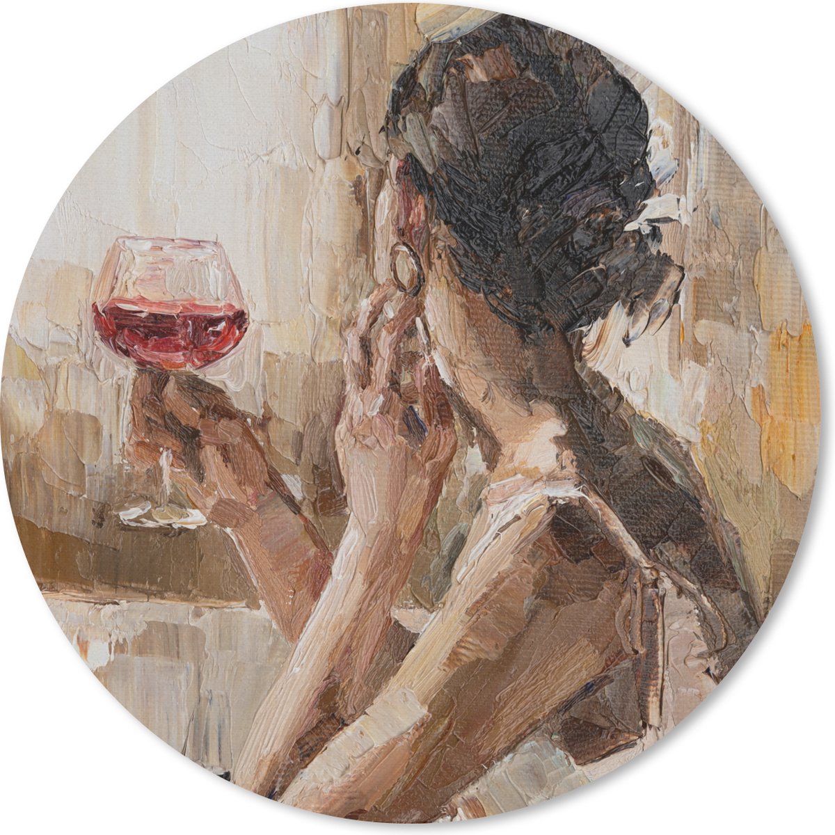Muismat rond 40x40 cm - Mousepad Schilderij - Olieverf - Vrouw - Wijn - Ronde muismatten