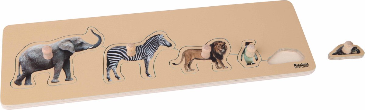 Nienhuis Montessori Kinderpuzzel Wilde Dieren - Inlegplank - Houten puzzel - Educatief speelgoed - Houten dieren speelgoed - 5 stukjes - Vanaf 2 jaar