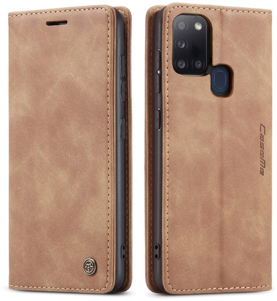 Étui portefeuille marron en similicuir pour Samsung Galaxy A21s, fermé.