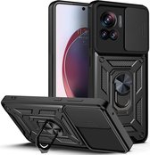 Hoesje met Camera Slider Geschikt voor de Motorola Moto X30 Pro/Edge 30 Ultra - Back Cover met Standaard - Uitklapbare Kickstand Ring - Beschermhoes TPU - Magneet voor Auto Houder Zwart