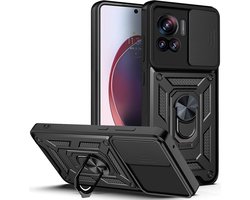 Hoesje met Camera Slider Geschikt voor de Motorola Moto X30 Pro/Edge 30 Ultra - Back Cover met Standaard - Uitklapbare Kickstand Ring - Beschermhoes TPU - Magneet voor Auto Houder Zwart