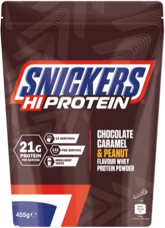 Snickers Hi Protein poeder in chocolade-, karamel- en pindasmaak. Bruine zak met rode en witte details. 21g eiwit per portie.