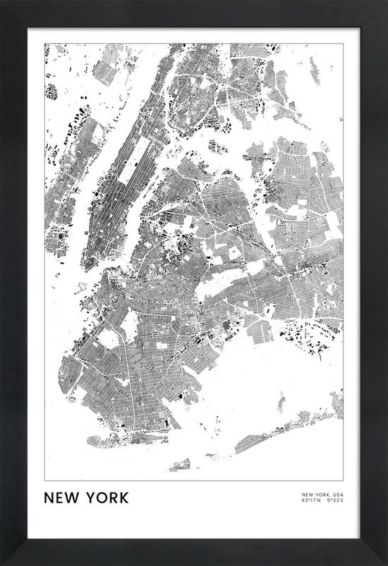 JUNIQE - Poster in houten lijst New York kaart -30x45 /Wit & Zwart