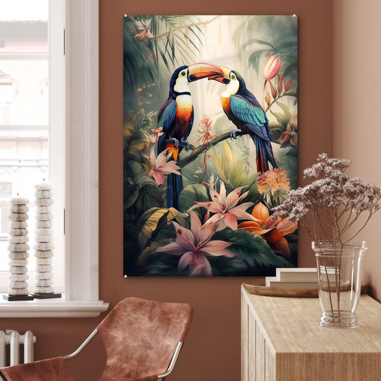 MuchoWow® Peinture sur verre - Toucan - Vogels - Fleurs - Nature - Jungle - 80x120 cm - Peintures sur verre acrylique - Photo sur Glas