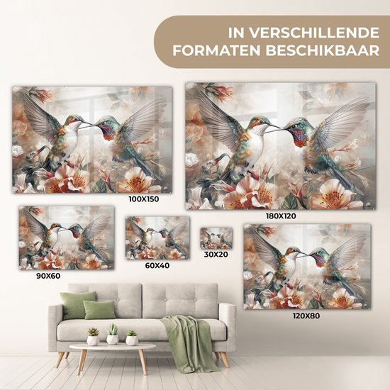MuchoWow® Peinture sur verre 90x60 cm - Peinture sur verre - Colibri - Vogels - Fleurs - Nature - Photo sur verre acrylique - Peintures
