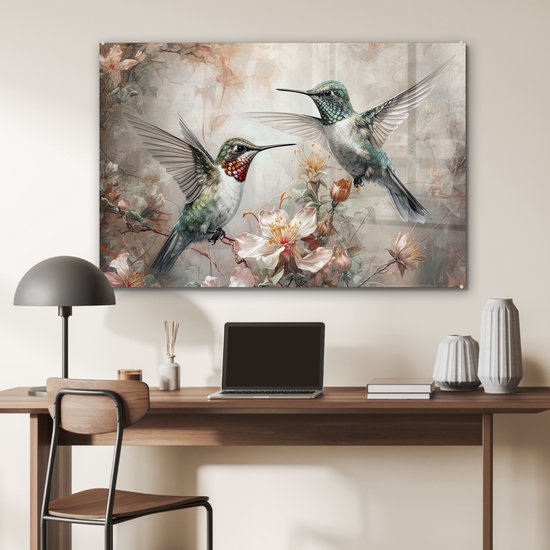 MuchoWow® Glasschilderij 120x80 cm - Schilderij acrylglas - Kolibrie - Vogels - Bloemen - Planten - Foto op glas - Muurdecoratie woonkamer - Wanddecoratie slaapkamer - Schilderijen