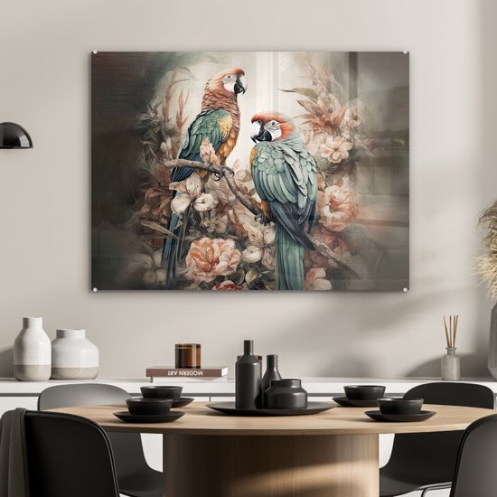 MuchoWow® Peinture sur verre 80x60 cm - Peinture sur verre acrylique - Perroquets - Vogels - Nature - Fleurs - Photo sur verre - Décoration murale salon - Décoration murale chambre - Peintures