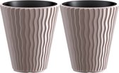 Prosperplast Cache-pot/pot de fleurs Sand Waves - 2x - extérieur/intérieur - plastique - beige - D35 x H38 cm - avec pot intérieur