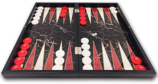 Backgammon zwart/wit - Groot formaat XXL 48cm - Marmer print - Tavla geproduceerd in Turkije - Met schaakbord