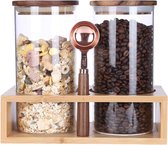 Koffiebonenhouder, koffieblikje, glas, luchtdicht, koffiecontainer, aromadicht voor gemalen koffie, voorraaddozen met houten deksel en lepel, 1150 ml, set van 2