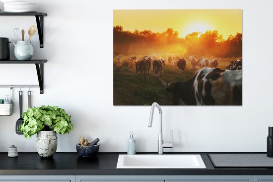 Tableau toile vache - Vache - Animaux - Nature - Coucher de soleil - Arbres - 80x60 cm - Toile - Décoration murale