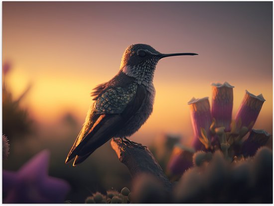 Poster Glanzend – Kolibrie op Tak tijdens Zonsondergang - 40x30 cm Foto op Posterpapier met Glanzende Afwerking