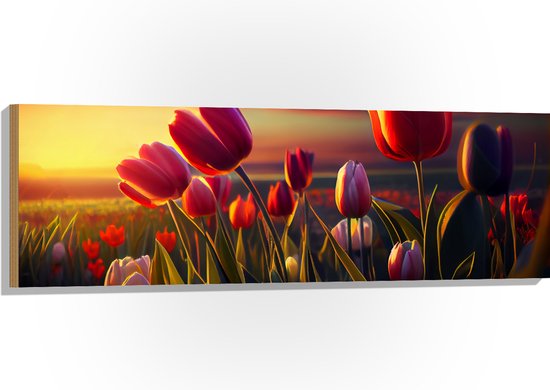 Hout - Kleurrijke Tulpen in Bloemenveld - 120x40 cm - 9 mm dik - Foto op Hout (Met Ophangsysteem)