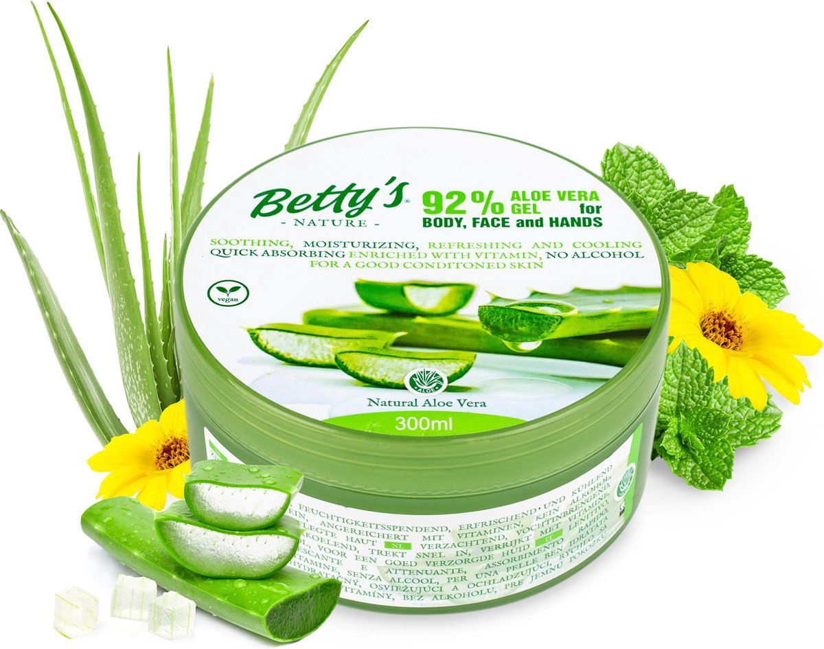 Gel D'Aloe Vera 92% Betty's - 300 Ml, Apaisant, Sans Parabène, Pour Tous Types De Peau, Neuf