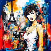 JJ-Art (Canvas) 100x100 | Vrouw in Parijs, Eiffeltoren, abstract, graffiti stijl, kleurrijk, kunst | Frankrijk, vierkant, Herman Brood, oranje, rood, blauw, groen, bruin, modern | Foto-Schilderij print (wanddecoratie)