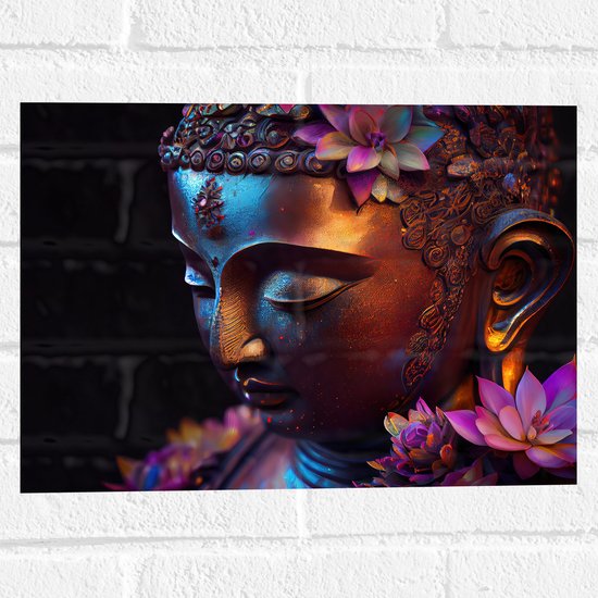 Muursticker - Religieuze Boeddha met Roze Lelie Bloemen - 40x30 cm Foto op Muursticker