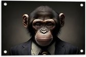 Tuinposter – Portretfoto van Chimpansee Aap in Zakelijk Pak met Gestreepte Stropdas - 60x40 cm Foto op Tuinposter (wanddecoratie voor buiten en binnen)