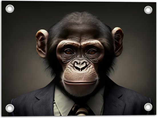 Tuinposter – Portretfoto van Chimpansee Aap in Zakelijk Pak met Gestreepte Stropdas - 40x30 cm Foto op Tuinposter (wanddecoratie voor buiten en binnen)