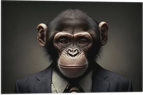 Vlag - Portretfoto van Chimpansee Aap in Zakelijk Pak met Gestreepte Stropdas - 60x40 cm Foto op Polyester Vlag
