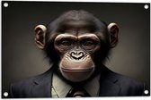 Tuinposter – Portretfoto van Chimpansee Aap in Zakelijk Pak met Gestreepte Stropdas - 75x50 cm Foto op Tuinposter (wanddecoratie voor buiten en binnen)