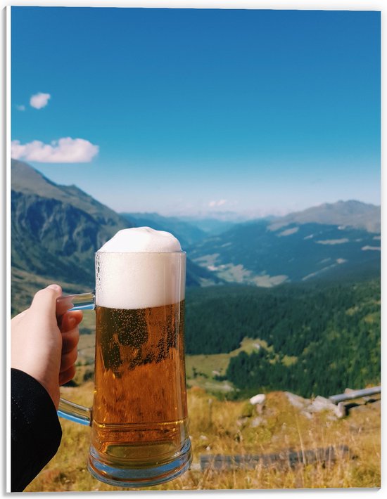 PVC Schuimplaat- Bergen - Hand - Bier - Drinken - Bomen - 30x40 cm Foto op PVC Schuimplaat