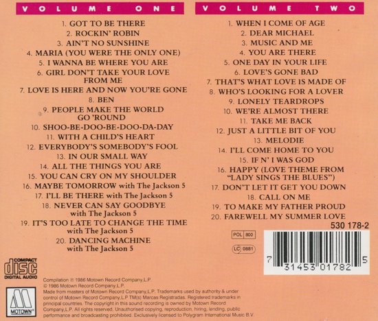 Achterkant van de "Anthology" CD-hoes met tracklijsten voor Volume One en Volume Two, de barcode en het Motown-logo.