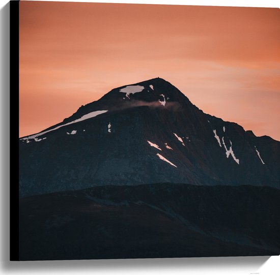 Canvas - Bergen - Bomen - Sneeuw - Oranje - Bergtop - 60x60 cm Foto op Canvas Schilderij (Wanddecoratie op Canvas)