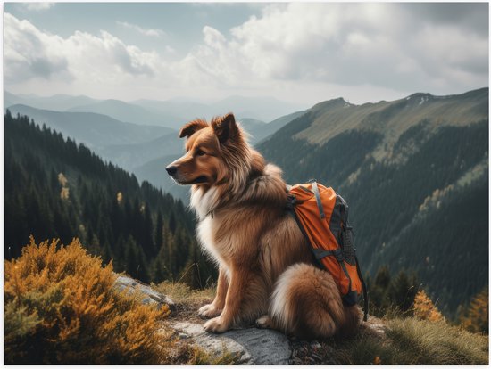 Poster (Mat) - Reizende Hond met Rugzak op Top van de Berg - 80x60 cm Foto op Posterpapier met een Matte look