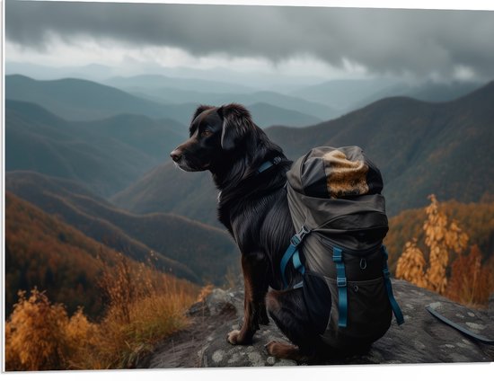 PVC Schuimplaat - Reizende Hond met Backpack op Top van de Berg - 80x60 cm Foto op PVC Schuimplaat (Met Ophangsysteem)