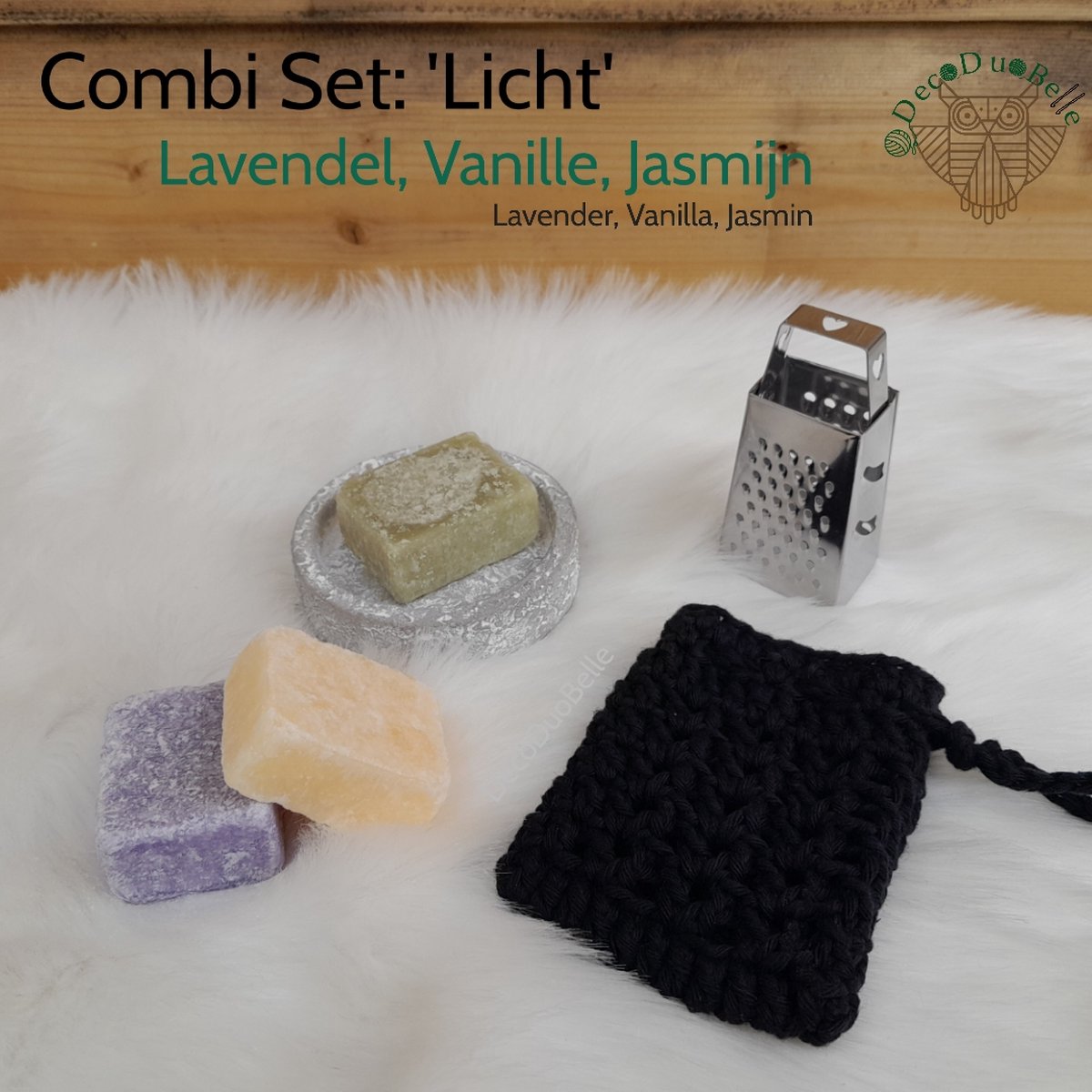 3 Amberblokjes CombiSet 'Licht': Set Geurblokjes: Vanille, Jasmijn, Lavendel met Schaaltje, Rasp en Gehaakt Geurzakje - Cadeauset