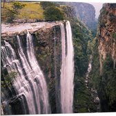 Dibond - Bergen - Water - Waterval - Bomen - Bosjes - 80x80 cm Foto op Aluminium (Wanddecoratie van metaal)