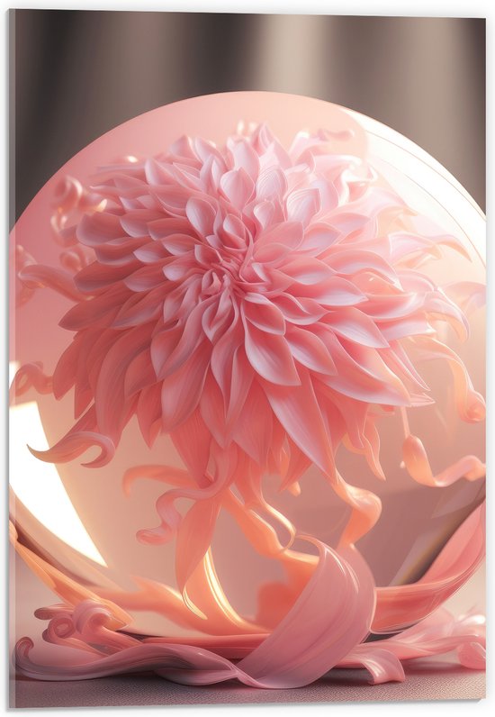 Acrylglas - Roze Dahlia Bloem Groeiend in Glazen Bol - 40x60 cm Foto op Acrylglas (Wanddecoratie op Acrylaat)