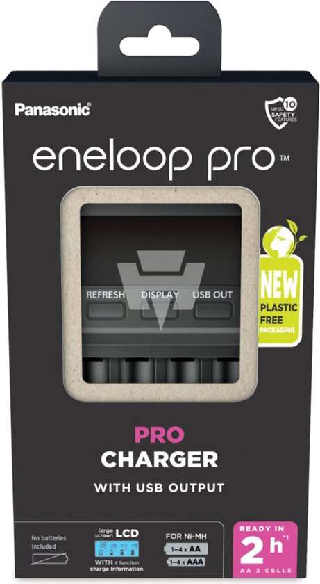 Panasonic eneloop pro oplader in verpakking, met de tekst 'PRO CHARGER WITH USB OUTPUT' en de aanduiding 'READY IN 2h'.