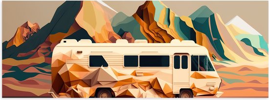 Poster (Mat) - Camper van Abstracte Vormen tegen Berg van Abstracte Vormen - 60x20 cm Foto op Posterpapier met een Matte look