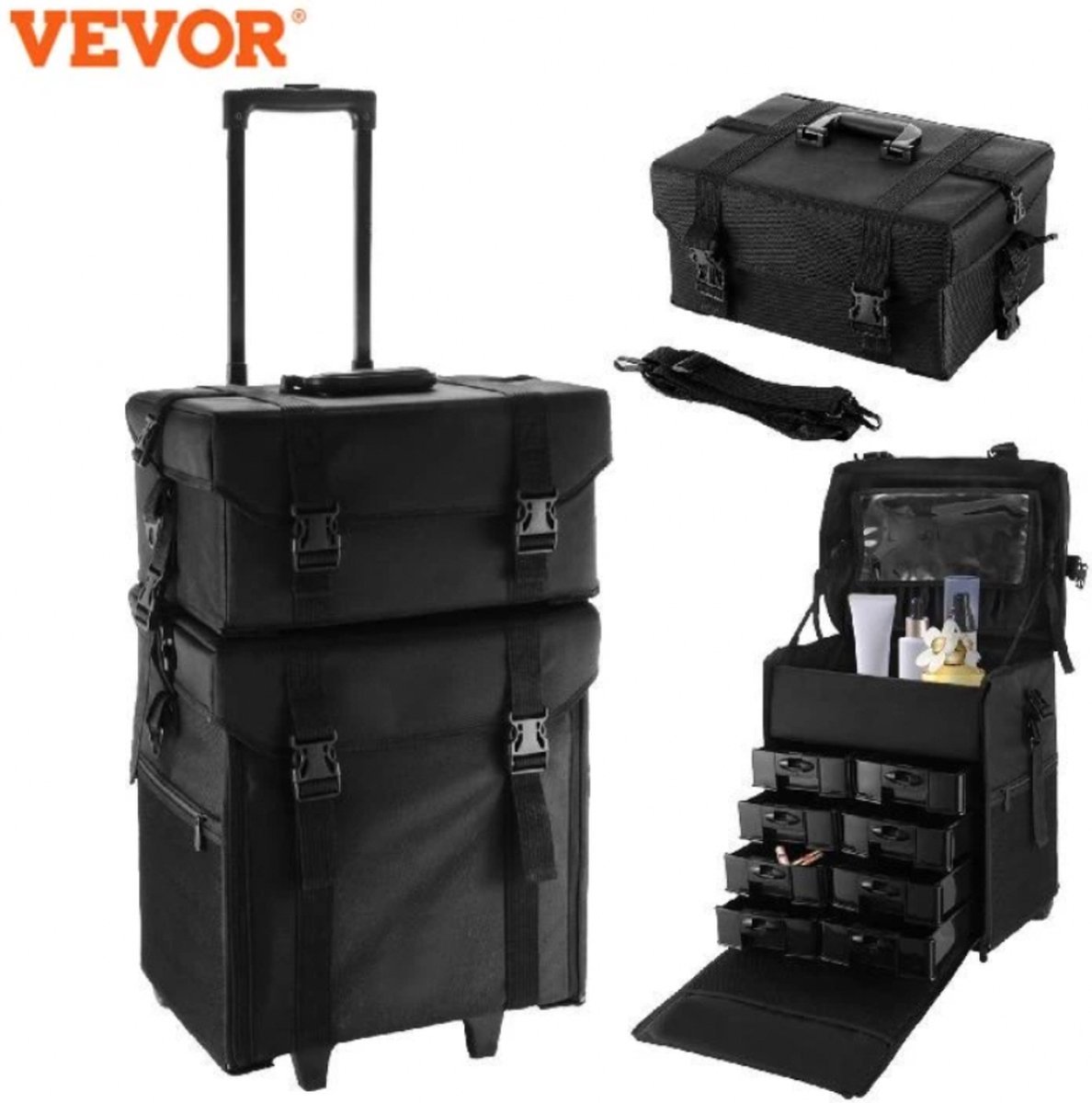 Rolling Makeup Train Case Portable Cosmetic Trolley for Nail Supplies Cosmetology Case For Hairstylist, 360° Swivel Wheels, Comfort Grip, Rolling Makeup Case (Color : Noir, Size