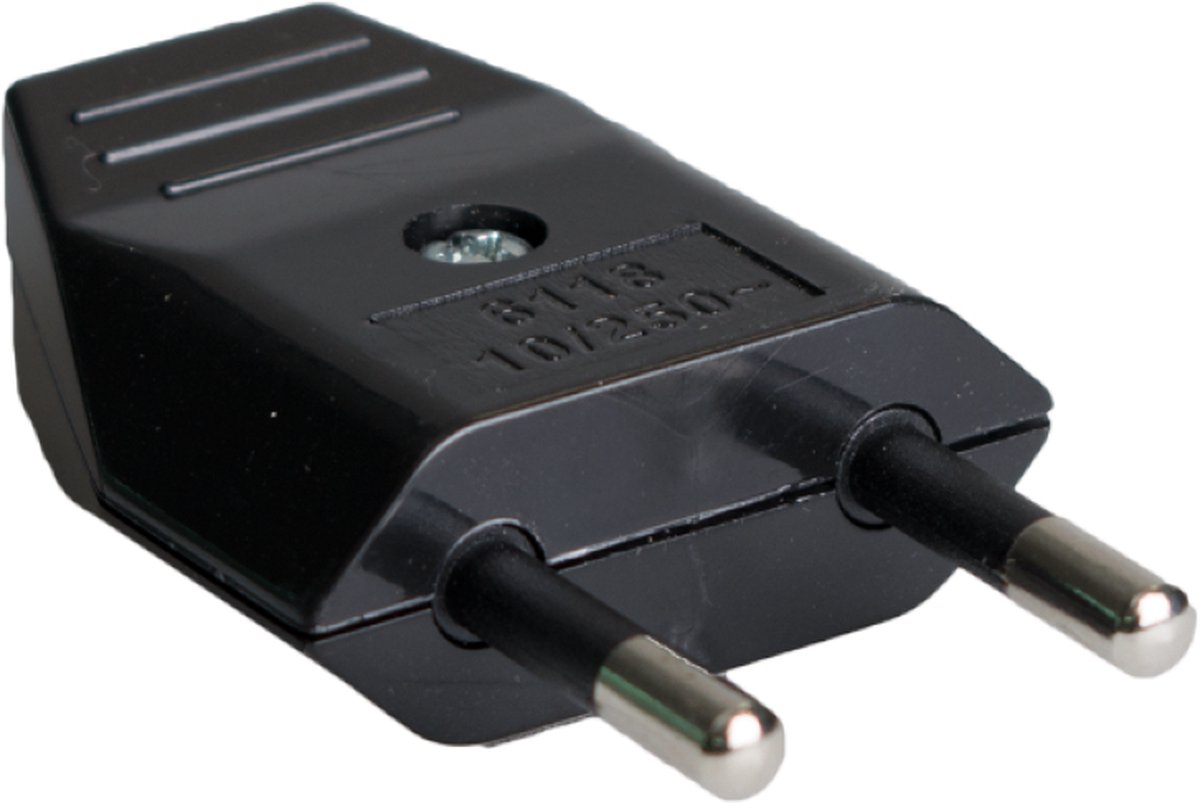 Platte Euro Stekker 2P, 10A 250V~ Zwart - Schroefbare aansluiting