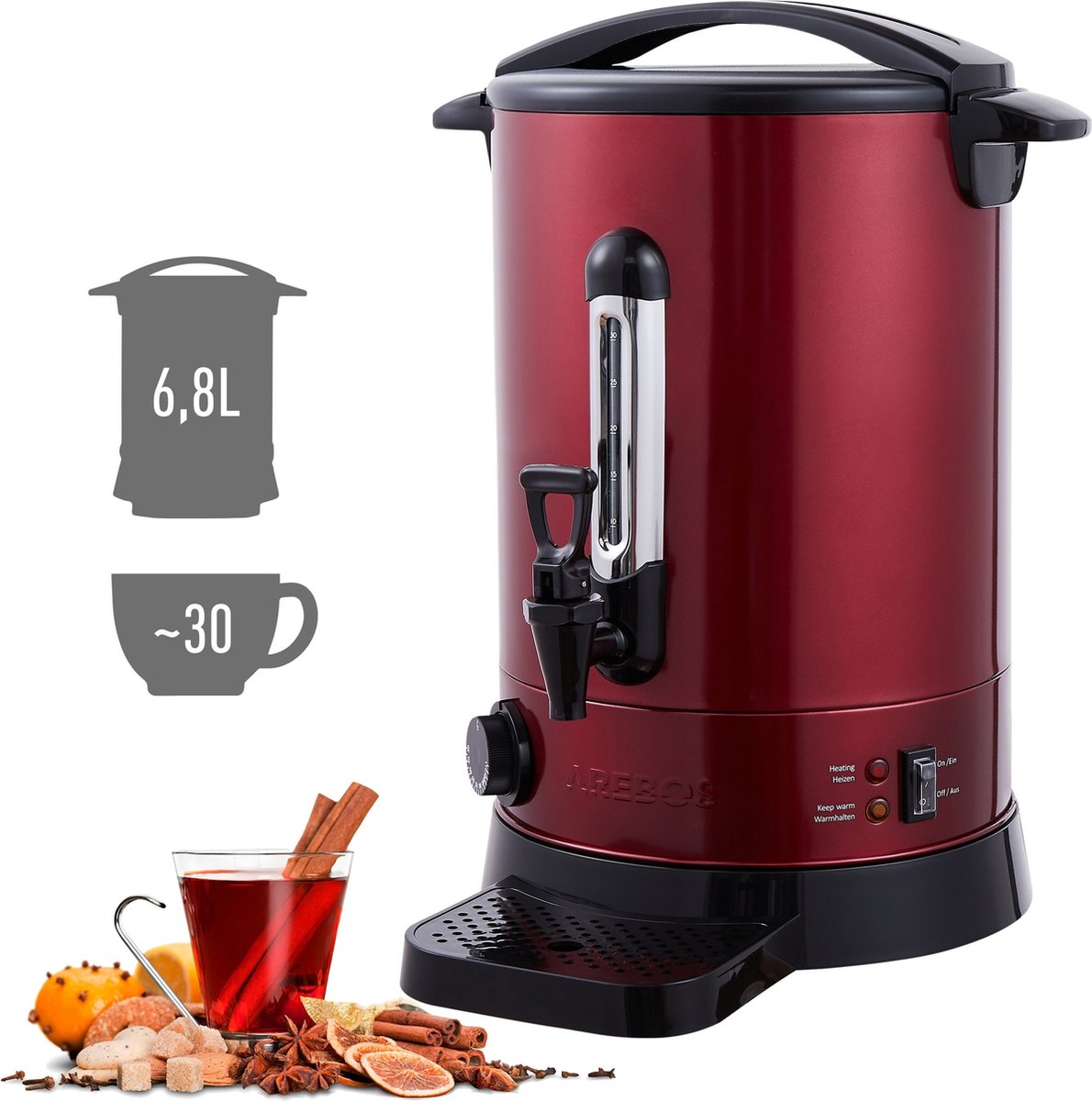 AREBOS Catering Koker 6,8 L | roestvrij Staal Warmwaterdispenser 950W | Heetwaterkoker | Theekoker met traploze temperatuurregelaar 30-110 °C |Thee Koffie Glühwein Ketel | Waterkoker | Glühweinfornuis