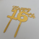 Caketopper 16 - Acryl taart topper goud - taartdecoratie - 16 jaar - verjaardag - happy 16th