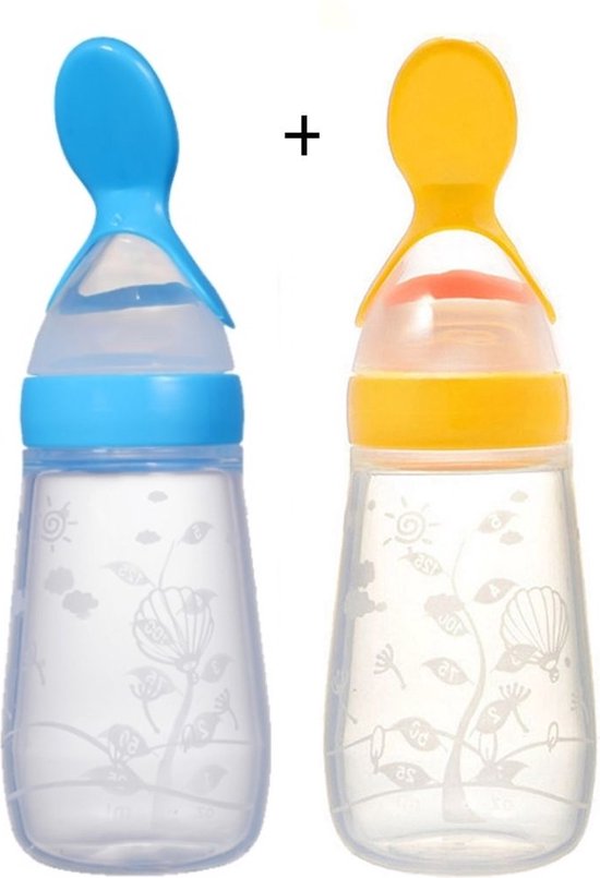 Biberoia® 2x Knijpfles met lepel – Drinkfles - Baby – Kinderbestek - Kraamcadeau – Babyshower – Blauw + Geel
