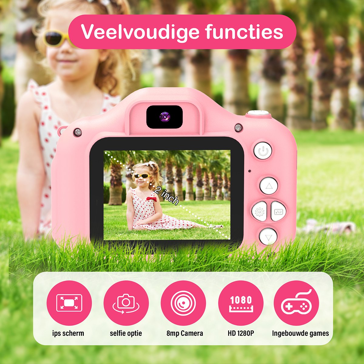 Ilona® Digitale Kindercamera HD 1080p inclusief stickervel - Speelgoedcamera - 32GB micro sd kaart - Fototoestel Voor Kinderen - Selfie Camera - Roze — afbeelding 2
