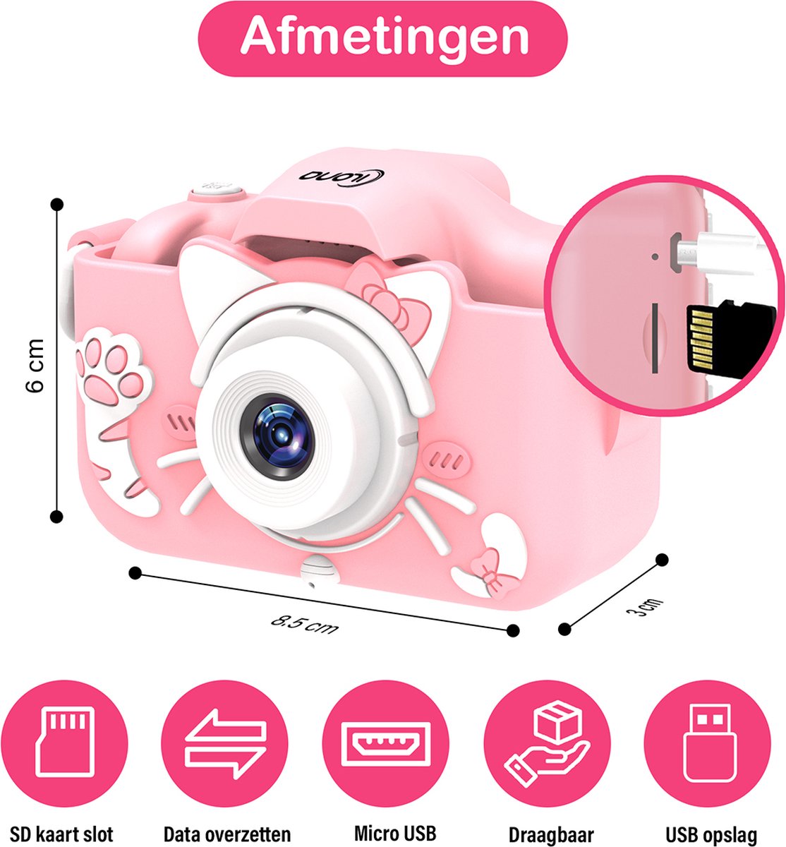Ilona® Digitale Kindercamera HD 1080p inclusief stickervel - Speelgoedcamera - 32GB micro sd kaart - Fototoestel Voor Kinderen - Selfie Camera - Roze — afbeelding 8
