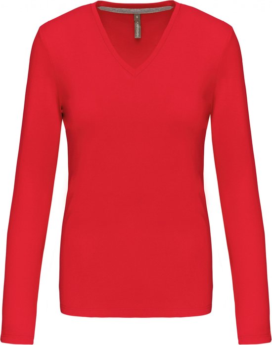 T-shirt Dames M Kariban V-hals Lange mouw Red 100% Katoen