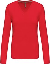 T-shirt Dames L Kariban V-hals Lange mouw Red 100% Katoen