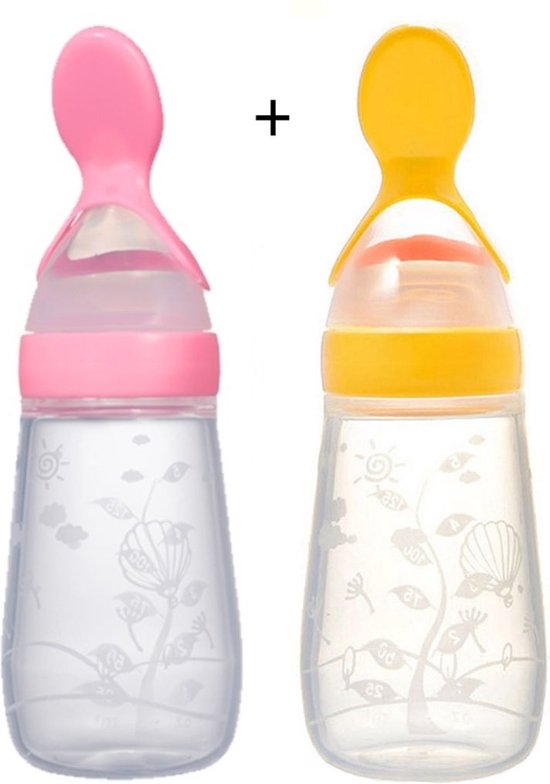 Biberoia® 2x Knijpfles met lepel – Drinkfles - Baby – Kinderbestek - Kraamcadeau – Babyshower – Roze + Geel