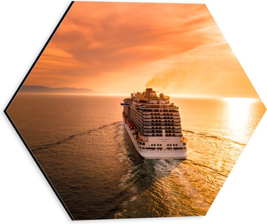 Dibond Hexagon - Wegvarend Cruiseschip naar de Zon bij de Horizon - 30x26.1 cm Foto op Hexagon (Met Ophangsysteem)