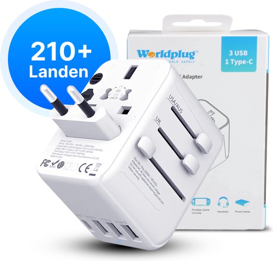 Worldplug® Universele Wereldstekker met USB-C en 3 USB poorten - 210+ Landen - Reisstekker - Wit
