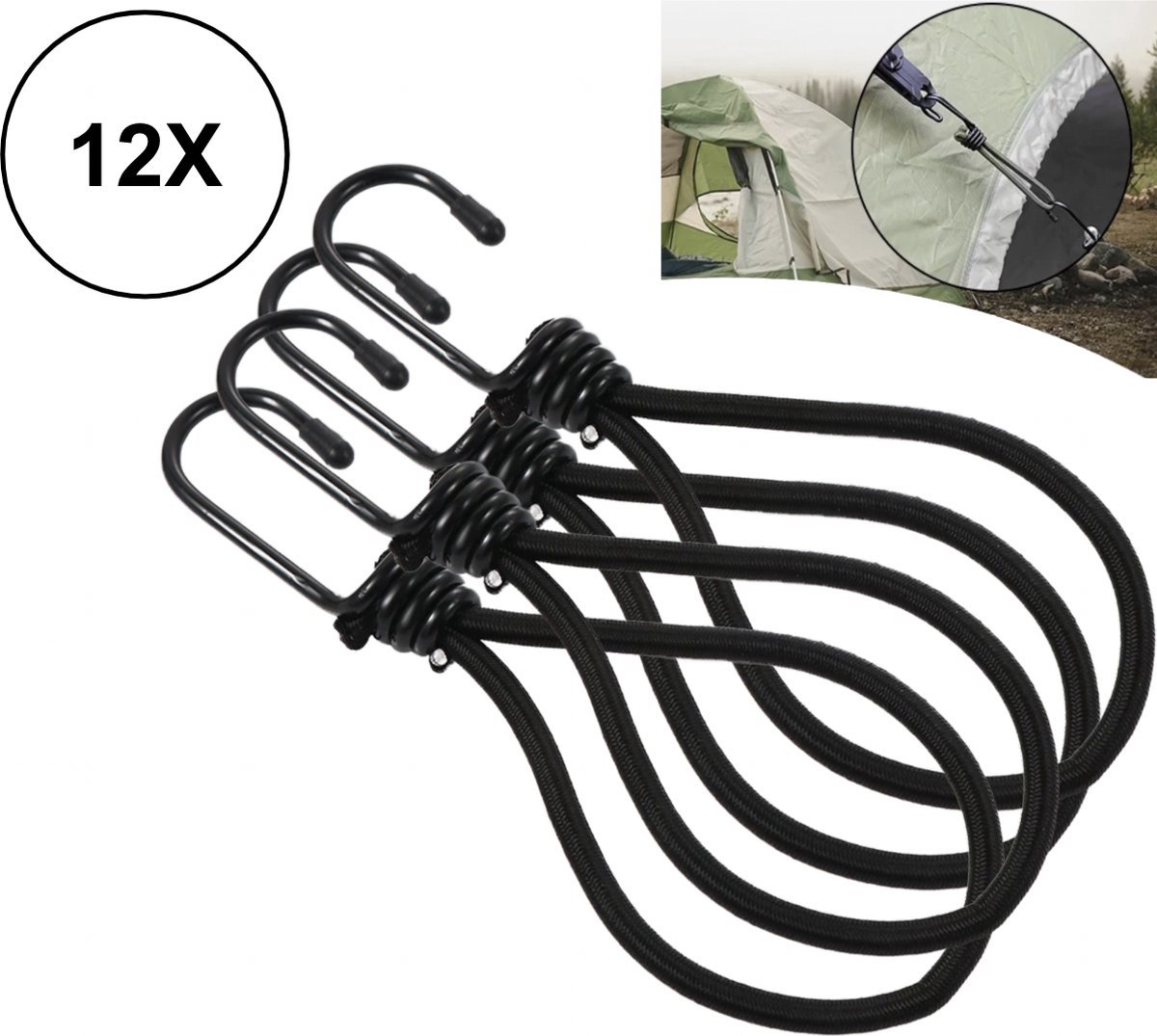 PD® - Snelbinders - Snelbinders met Haak - Spanelastiek - 12 stuks - Spanelastiek met Haak - Spanrubbers - Tentspanner - Spinhaak - Elastiek met Haak