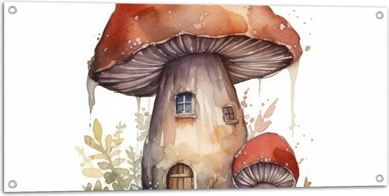 Tuinposter – Waterverf Tekening van Paddenstoelen Huisje - 100x50 cm Foto op Tuinposter (wanddecoratie voor buiten en binnen)