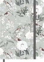 Hobbit - Agenda soft pocket A6 - 2024 - Vogels en witte bloemen - Zakagenda - 1 week op 2 pagina's - Softcover - A6 (14x10,5cm)
